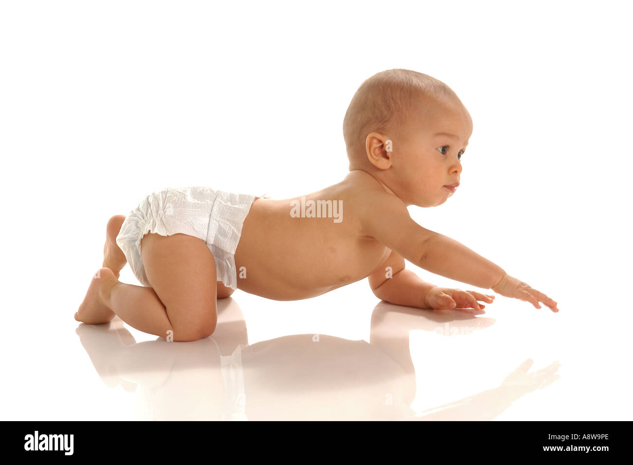 7 Monate alten Jungen kriechenden tragen weiße Windel Stockfoto