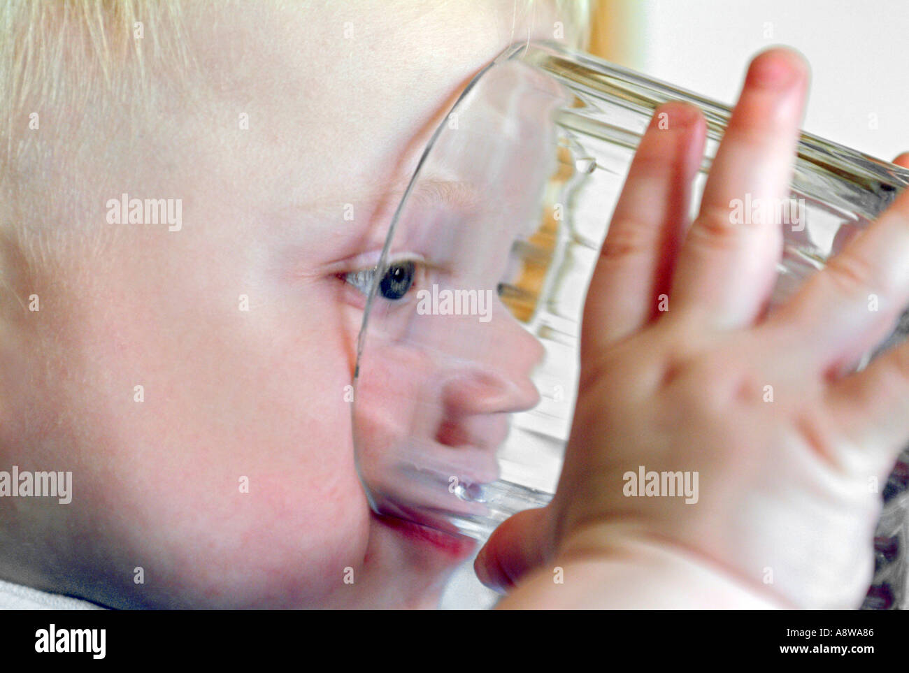 Eine acht - Monate altes Baby Boy trinkt aus einem Glas. Stockfoto