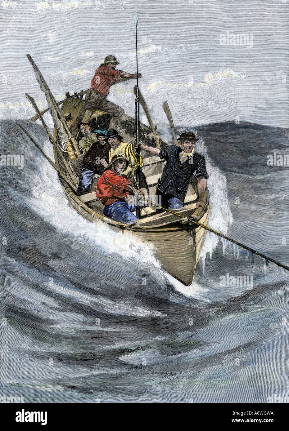 Nantucket sleigh Ride, in dem ein longboat durch das Meer durch eine Harpune Linie gezogen ist, die in einem Whale 1800. Hand - farbige Holzschnitt Stockfoto