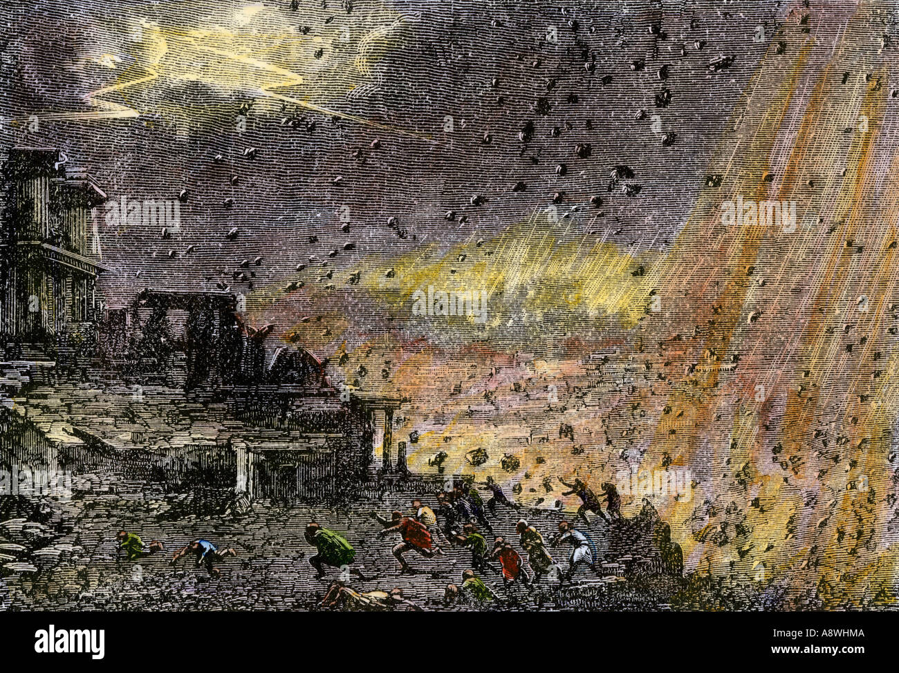 Zerstörung der antiken Stadt Pompeji durch den Vesuv 79 AD. Hand - farbige Holzschnitt Stockfoto