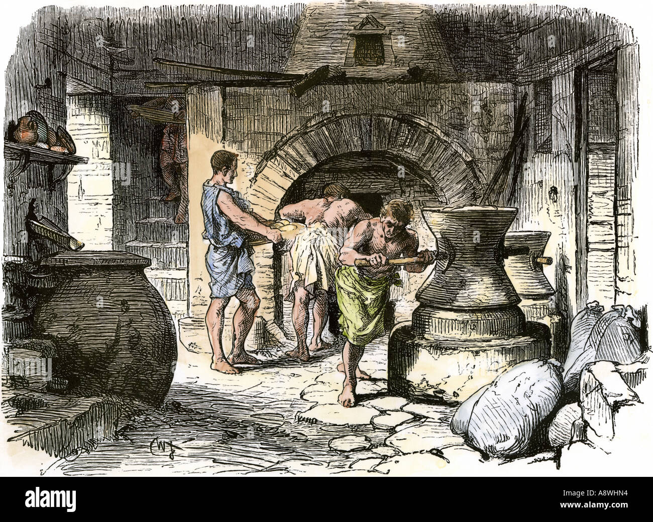 Slaves Mahlen von Getreide in einer Bäckerei im alten Pompeji. Hand - farbige Holzschnitt Stockfoto