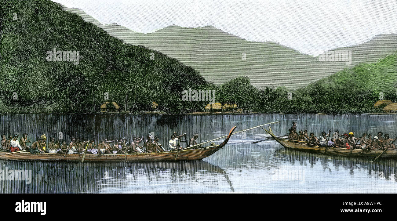 Native Samoan Meerkanus 1800. Hand - farbige Holzschnitt Stockfoto