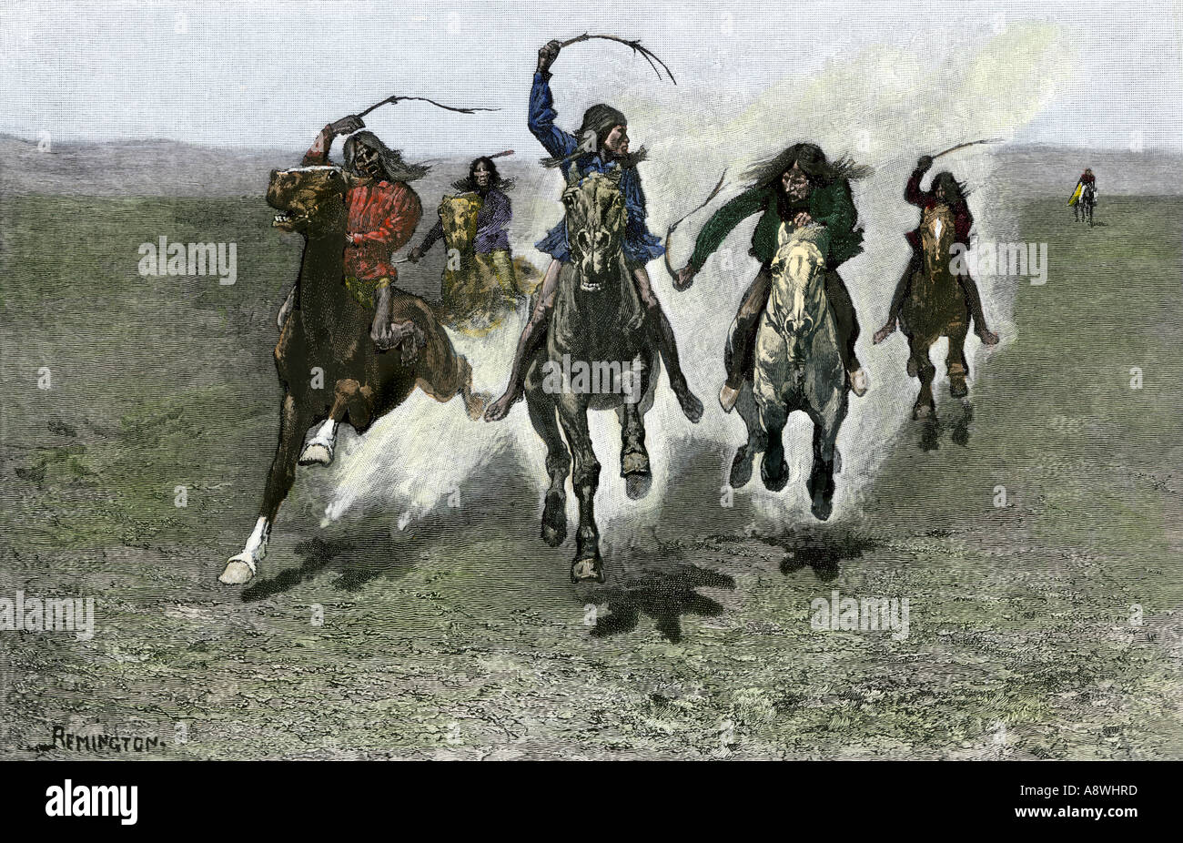 Native Americans Pferderennen auf der Great Plains 1800. Hand - farbige Holzschnitt von Frederic Remington Abbildung Stockfoto