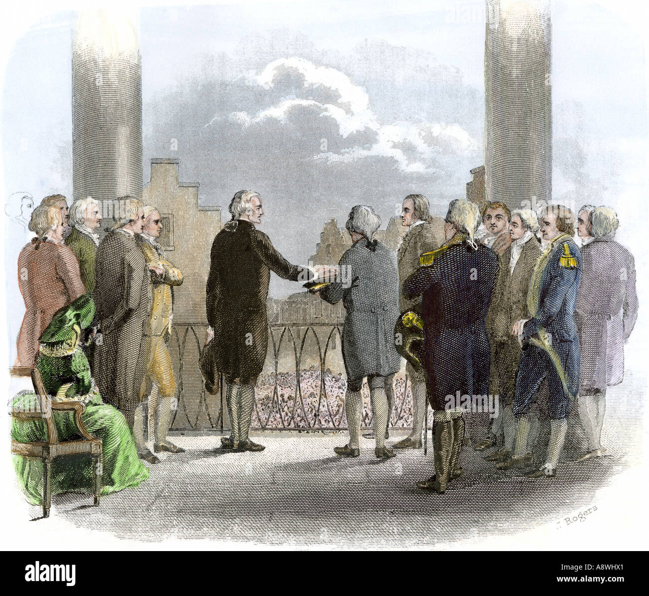 Amtseinführung von George Washington zum ersten Präsidenten der Vereinigten Staaten an der Federal Hall in New York City 1789. Handcolorierte Stahlstich Stockfoto