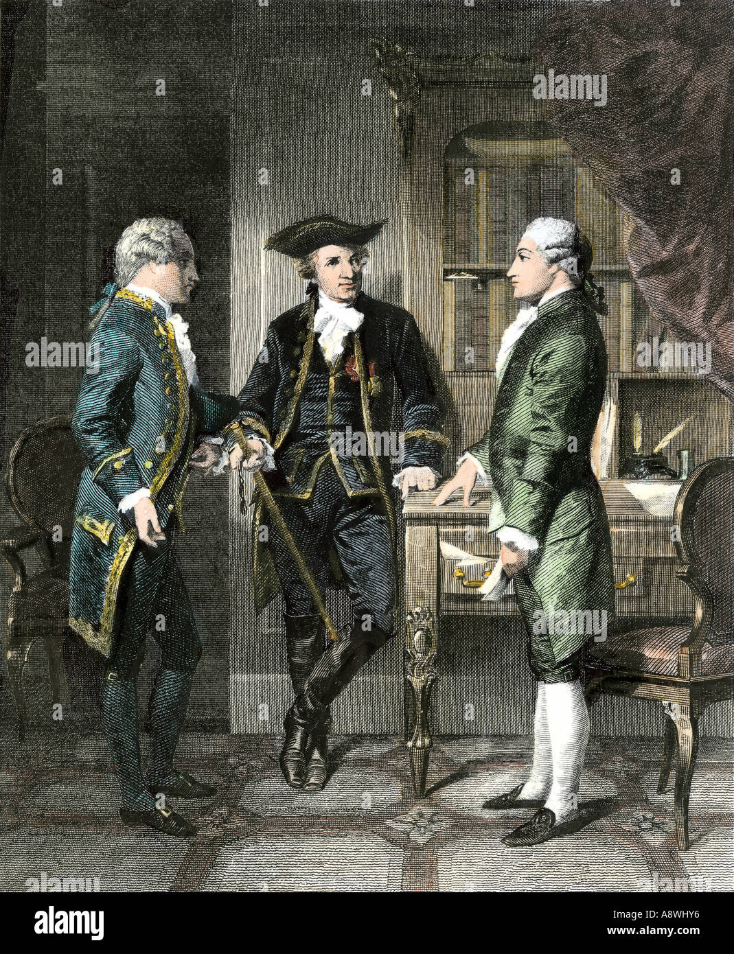 Baron Johann de Kalb Einführung des Marquis De Lafayette, Silas Deane während der Amerikanischen Revolution. Handcolorierte Stahlstich Stockfoto
