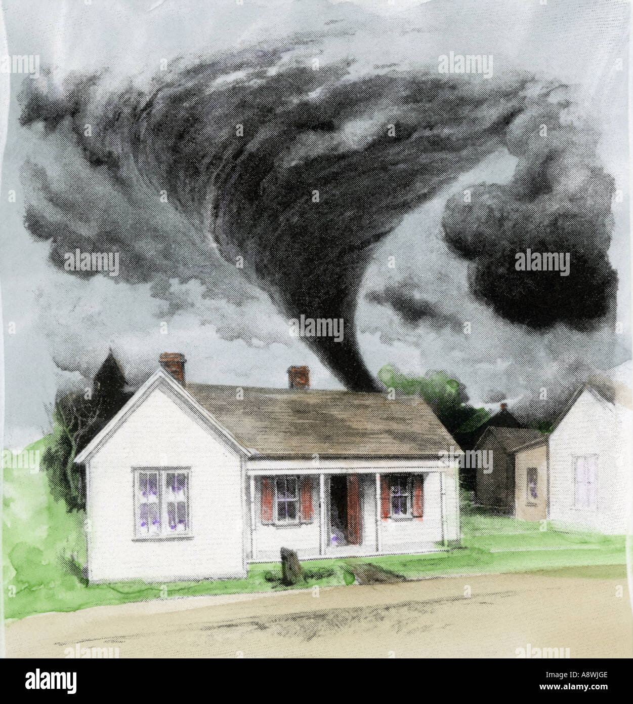 Tornado nähert sich ein Haus in Kirksville Maryland 27. April 1899. Handcolorierte halftone einer Abbildung Stockfoto