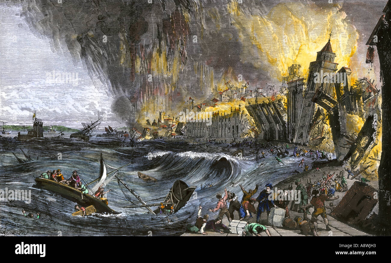 Erdbeben und der Flutwelle Zerstörung von Gebäuden in Lissabon Portugal 1755. Hand - farbige Holzschnitt Stockfoto