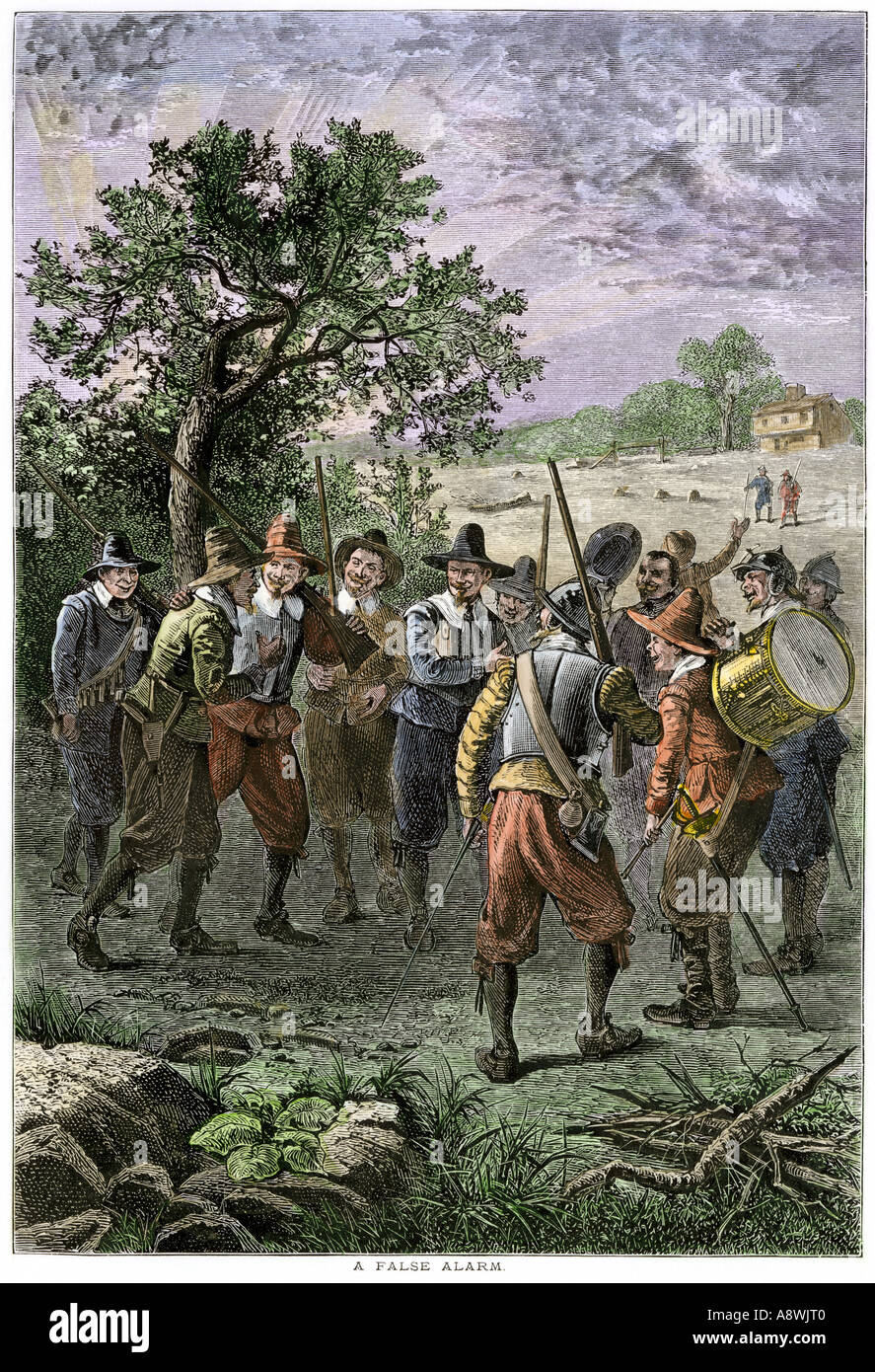 Bewaffnete Siedler nach Hause zurückkehren, nachdem eine falsche Warnung der indischen Angriff in der Massachusetts Bay Colony 1600. Hand - farbige Holzschnitt Stockfoto