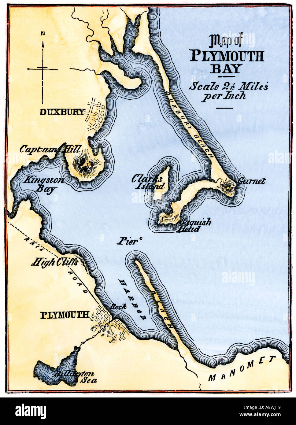 Karte von Plymouth Bay Massachusetts. Hand - farbige Holzschnitt Stockfoto