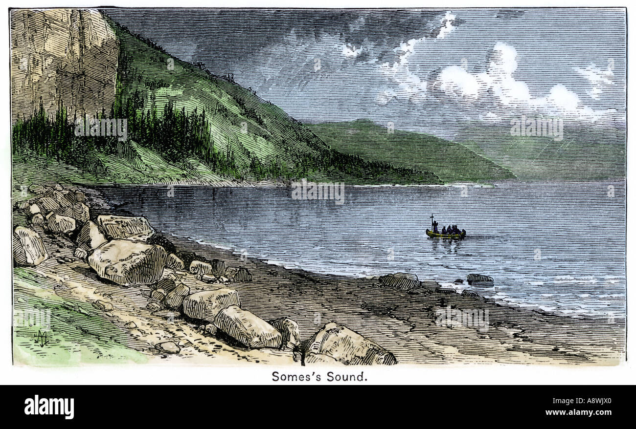 Französische Missionare Landung in Somes Sound off Mt Desert Island Maine. Hand - farbige Holzschnitt Stockfoto