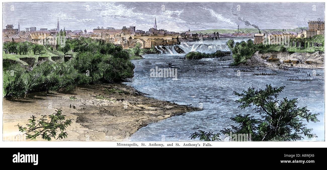 Minneapolis St Paul und St. Anthonys fällt auf dem Mississippi Fluss in Minnesota, 1870. Hand - farbige Holzschnitt Stockfoto
