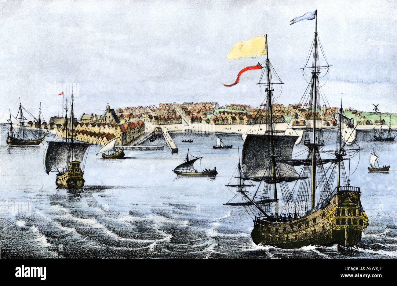 Segelschiffe arrving in der holländischen Kolonie von New Amsterdam in 1667. Handcolorierte halftone einer Abbildung Stockfoto