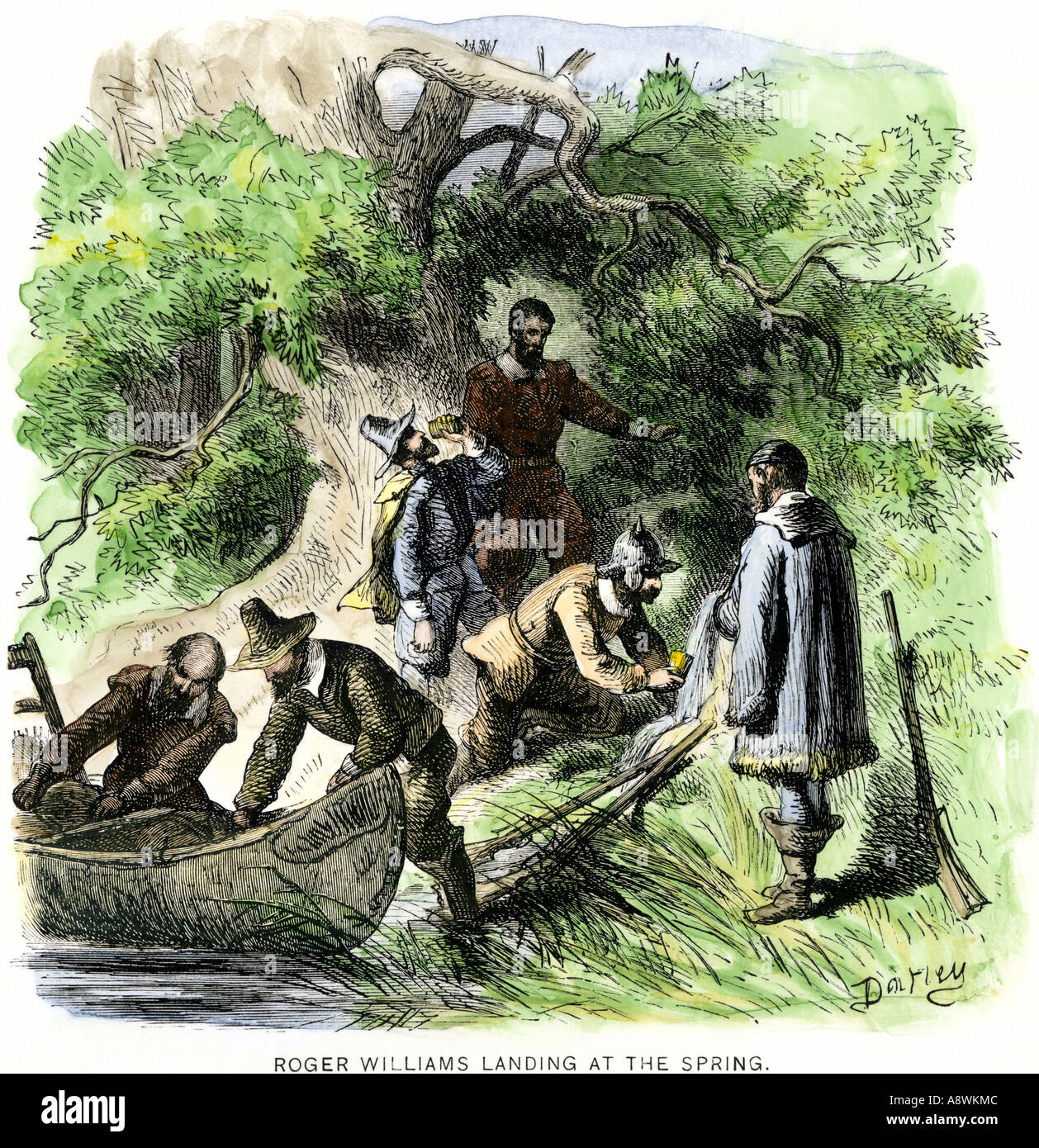 Roger Williams Landung an der Feder gefunden Providence Rhode Island 1636. Hand - farbige Holzschnitt Stockfoto