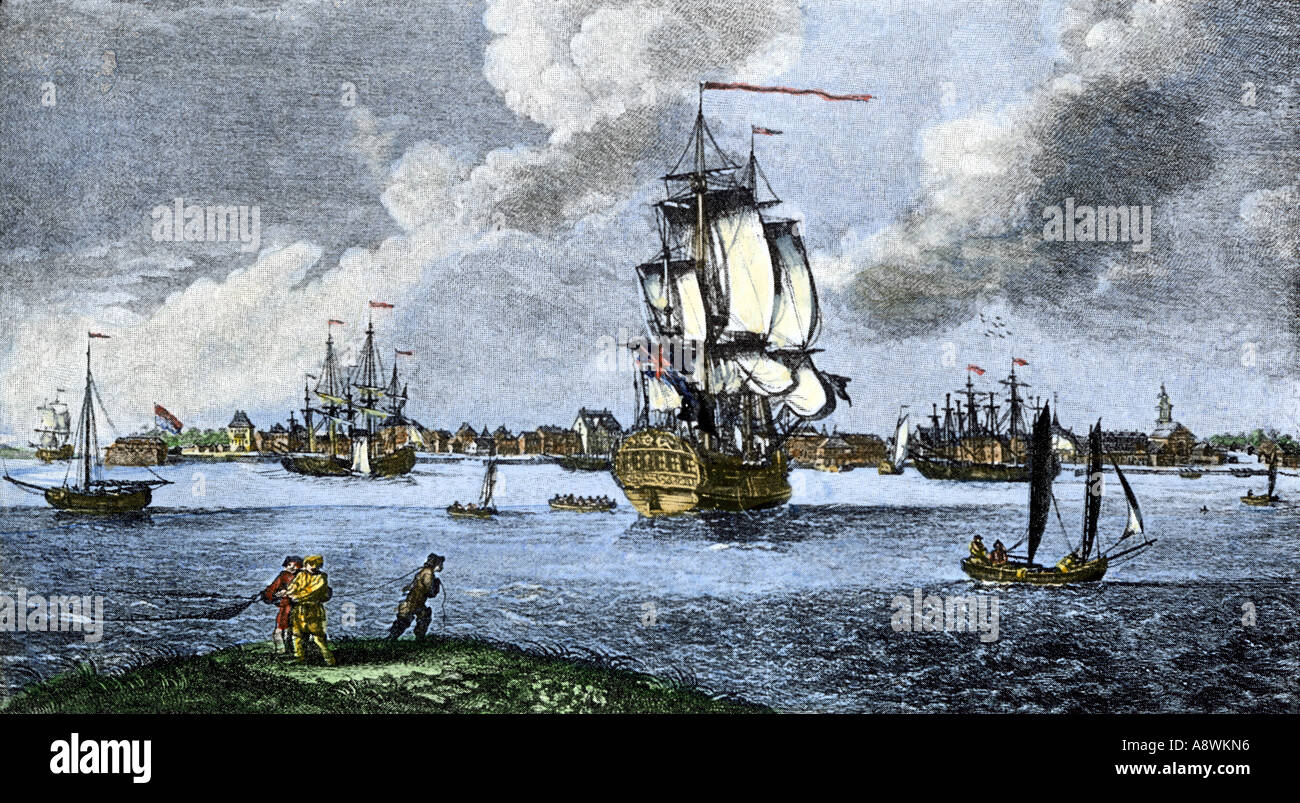 Der Hafen von Charleston South Carolina vor der Amerikanischen Revolution Ende 1700. Hand - farbige Holzschnitt Stockfoto