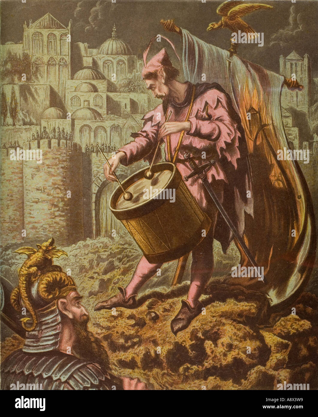 Diabolus Schlagzeuger vor den Mauern von Mansoul. Aus dem Buch The Holy War von John Bunyan. Ende des 19. Jahrhunderts Ausgabe Stockfoto