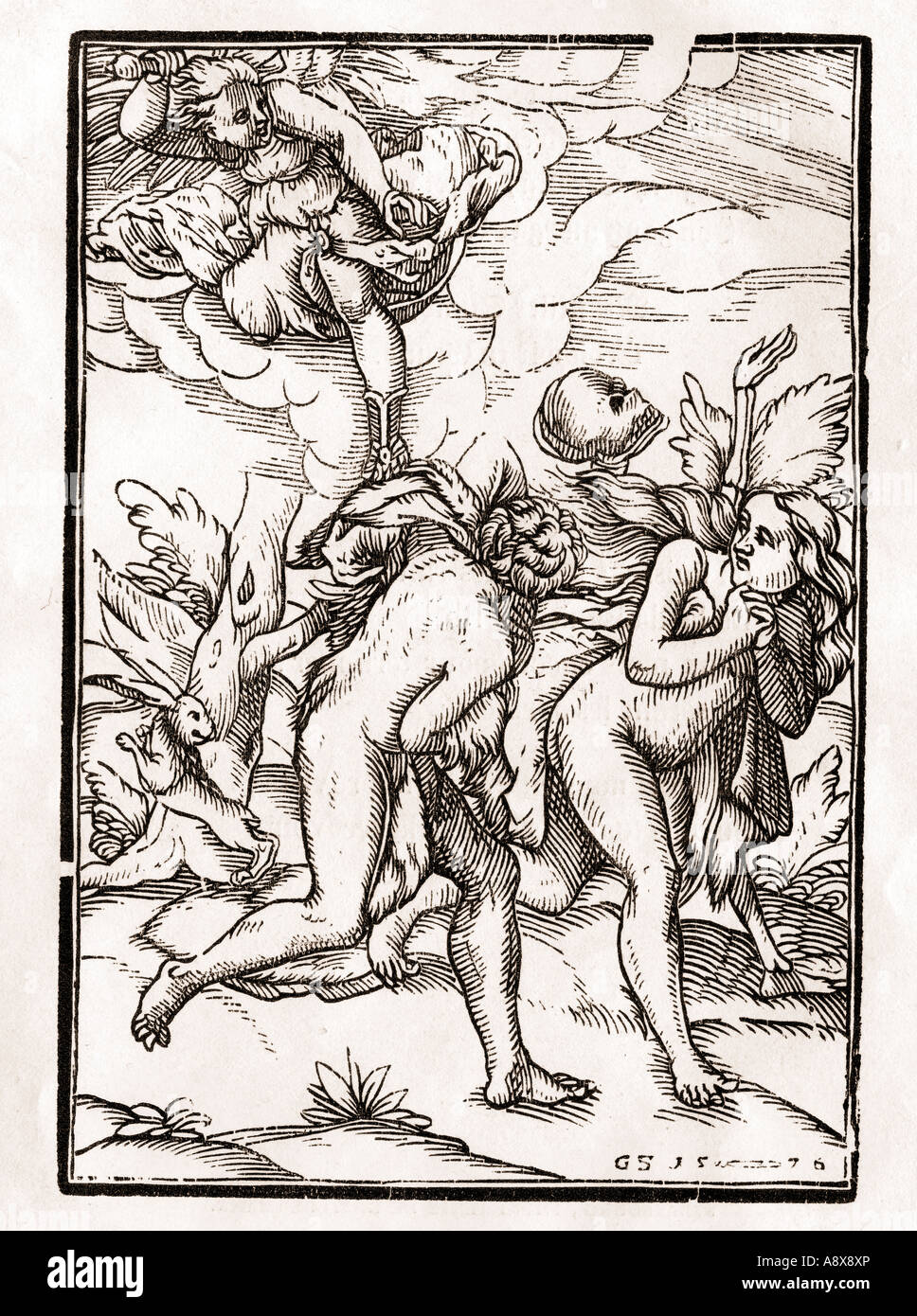 Der Tod folgt Adam und Eva, wie sie aus dem Garten Eden vertrieben werden. Stockfoto