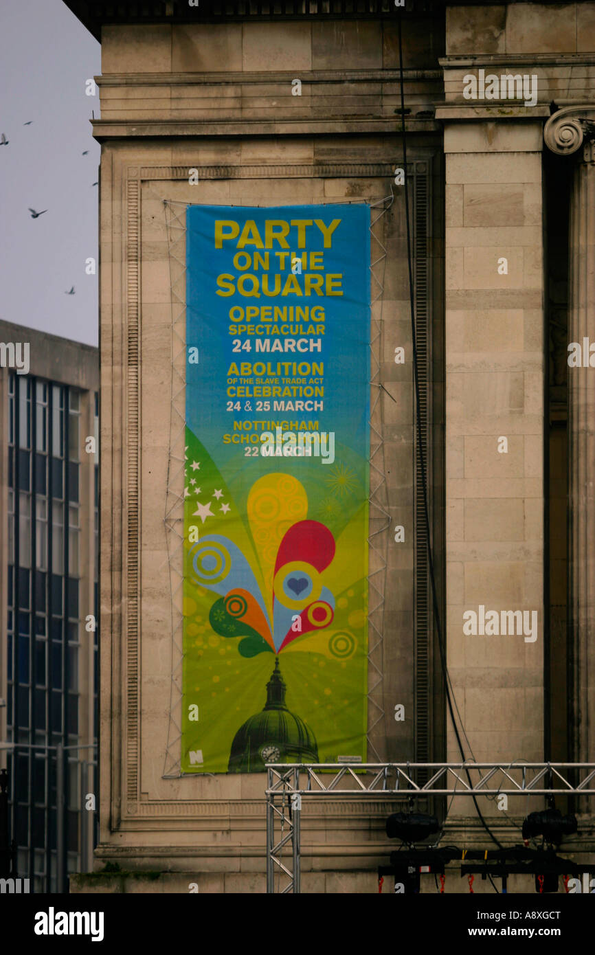 Banner-Werbung die Eröffnung des neuen Marktplatzes in Nottingham East Midlands. Das Rathaus Stockfoto
