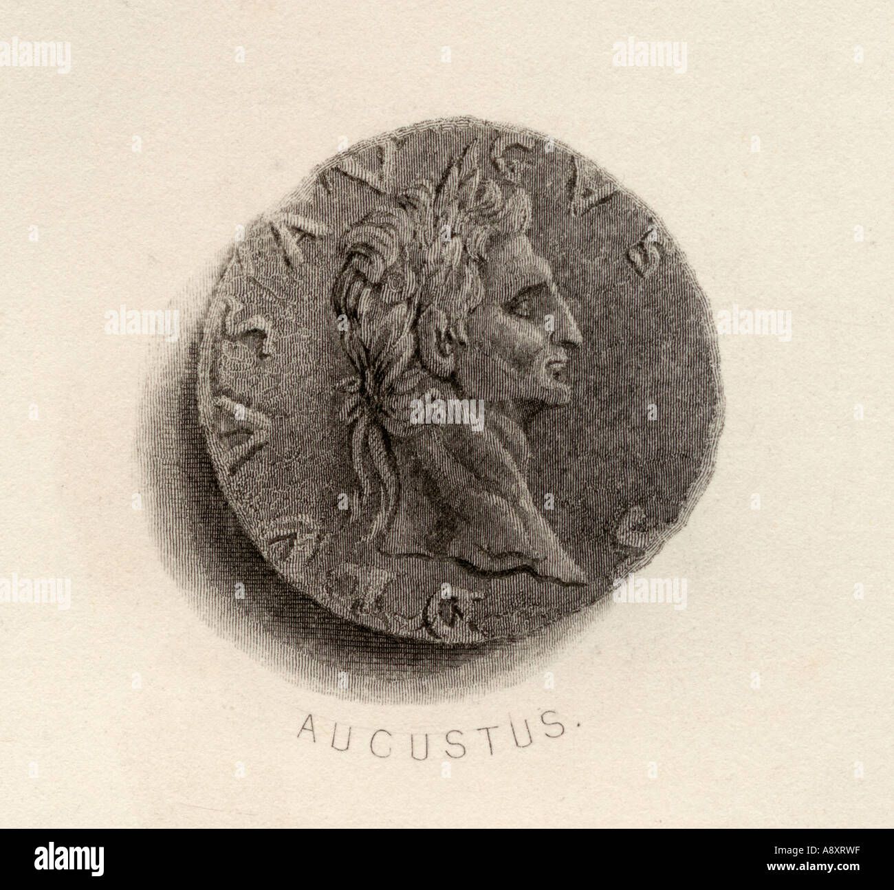 Münze aus der Zeit des Augustus, geboren Gaius Octavius, BC 63-AD 14. Römischer Staatsmann und Heerführer, erster Kaiser des römischen Reiches. Stockfoto