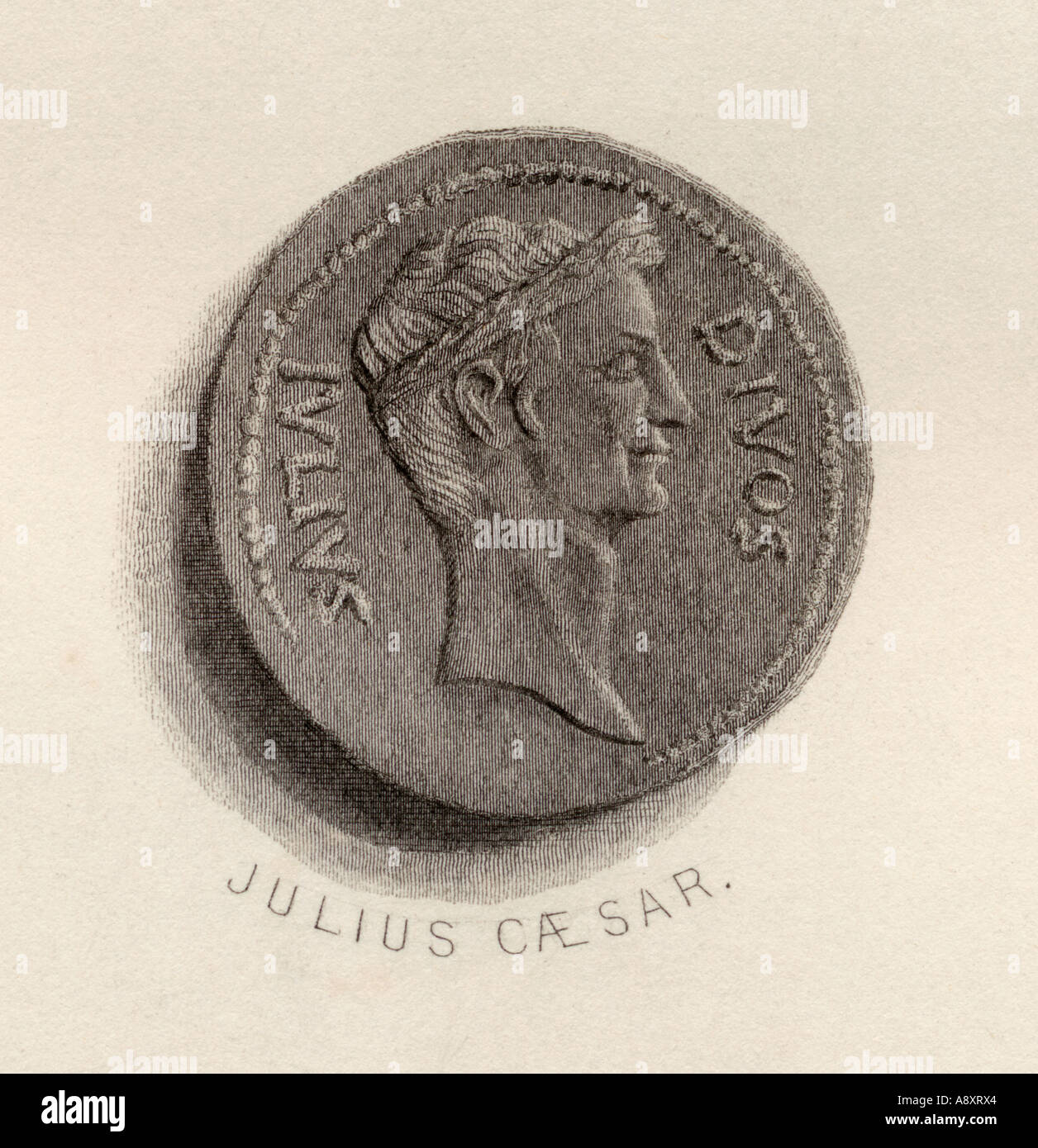 Münze aus der Zeit von Gaius Julius Caesar, BC 100 - 44. Römische General, Diktator und Staatsmann. Stockfoto