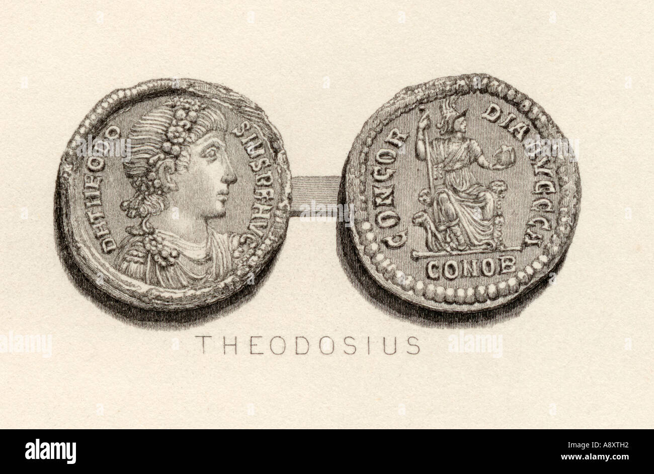 Münze aus der Zeit von Theodosius des Großen. Flavius Theodosius, AD 347-395. Römische Kaiser. Stockfoto