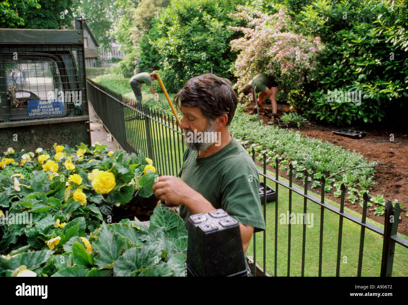 Männer, die Gartenarbeit im Stadtpark Stockfoto