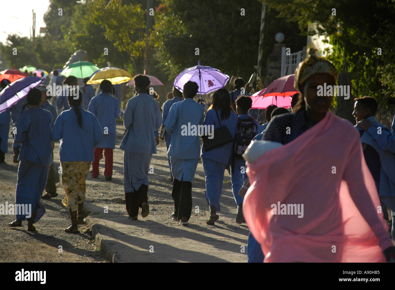Junge Frauen gekleidet in blau mit leuchtenden farbigen Sonnenschirmen Aksum Äthiopien Stockfoto