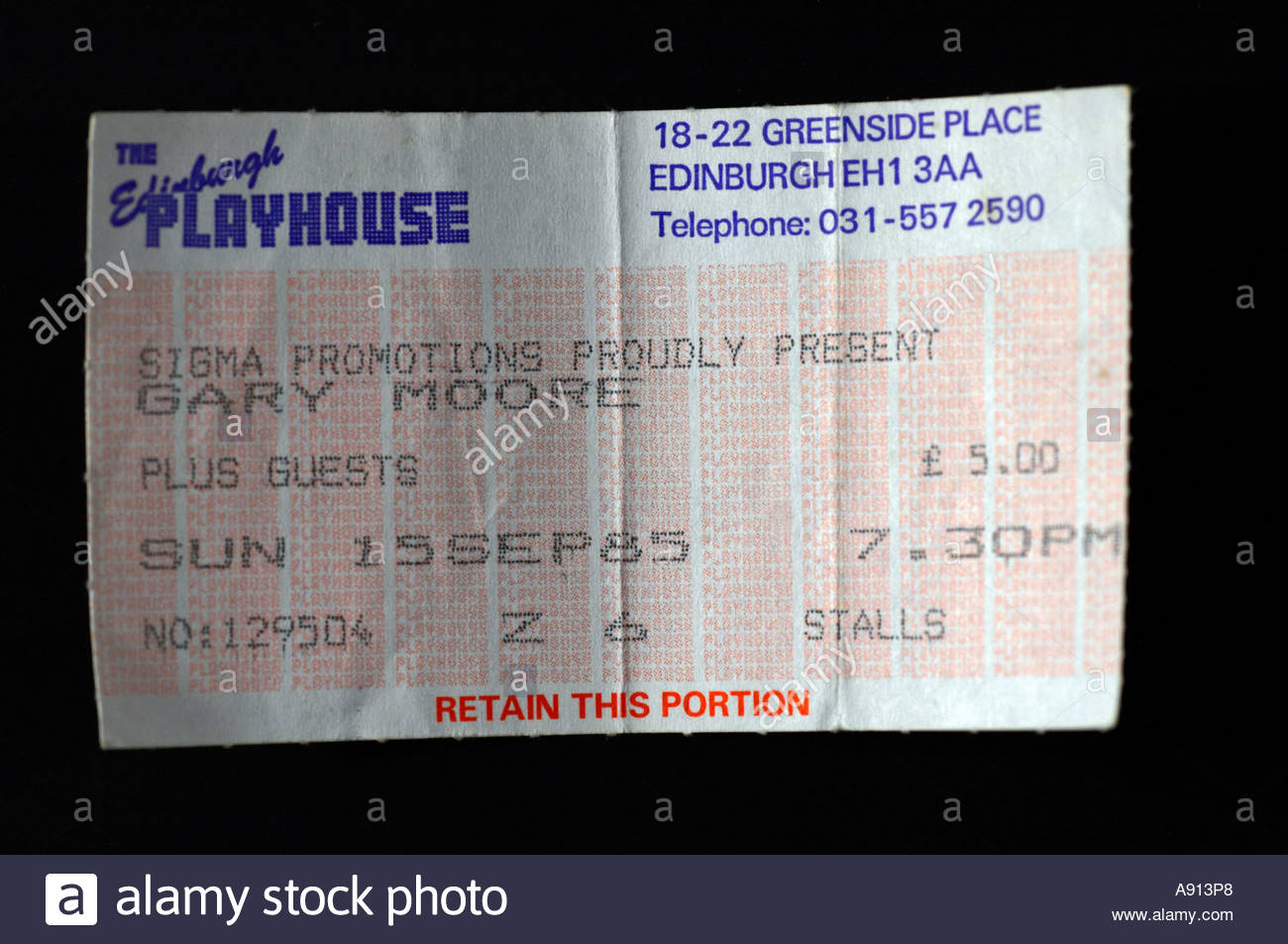 Eine Konzertkarte für den Rock Gitarrist Gary Moore an der Edinburgh Playhouse 1985 Stockfoto