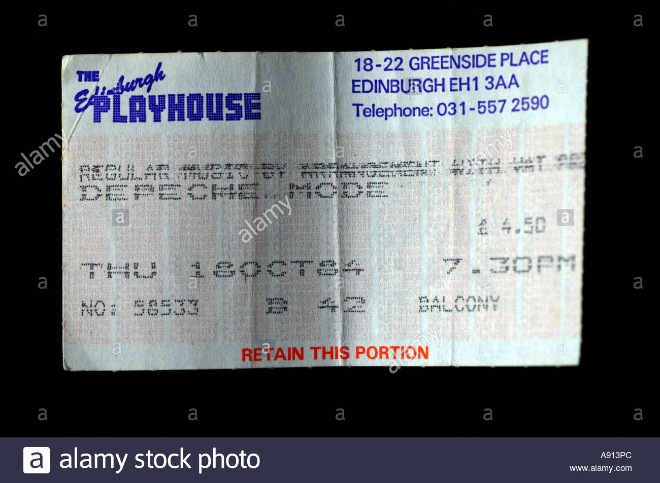 Eine Konzertkarte für die Popgruppe Depeche Mode in Edinburgh Playhouse 1984 Stockfoto