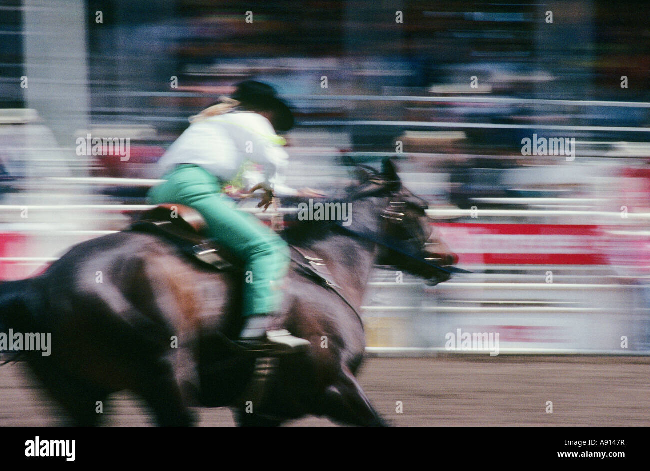 Bewegungsunschärfe Cowgirl Reiten bei der Calgary Stampede Calgary Alberta Kanada Stockfoto