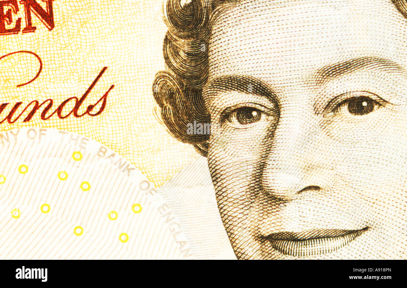 Abschnitt des zehn-Pfund-Note mit Porträt der Königin Stockfoto
