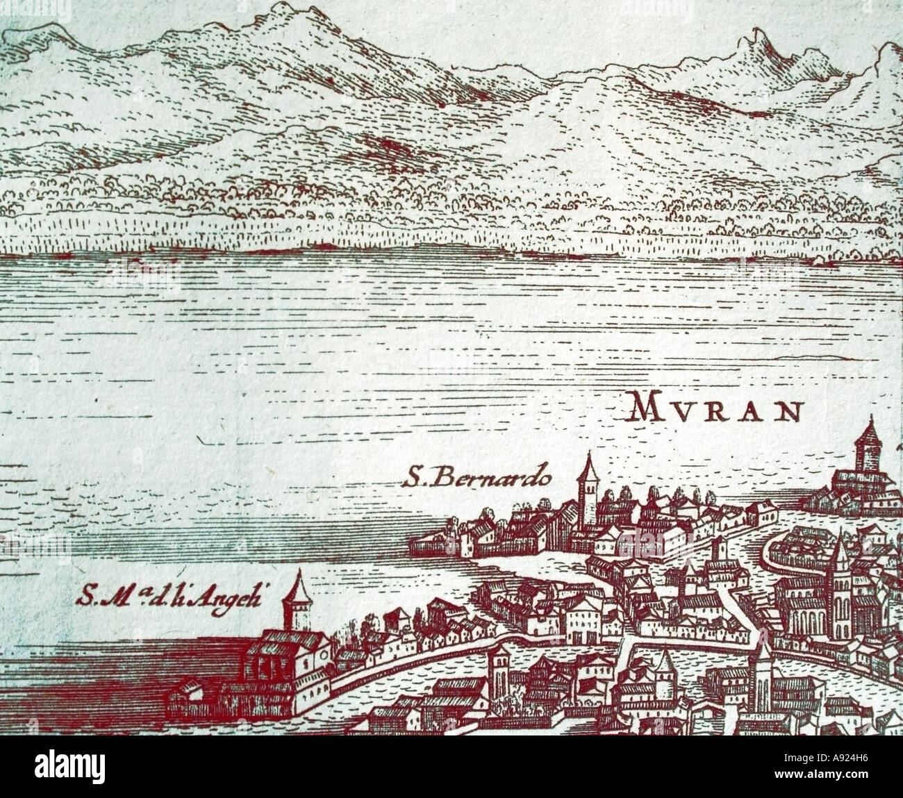 Murano und die Alpen, von einer aus dem 18. Jahrhundert niederländische Karte der Lagune von Venedig Stockfoto