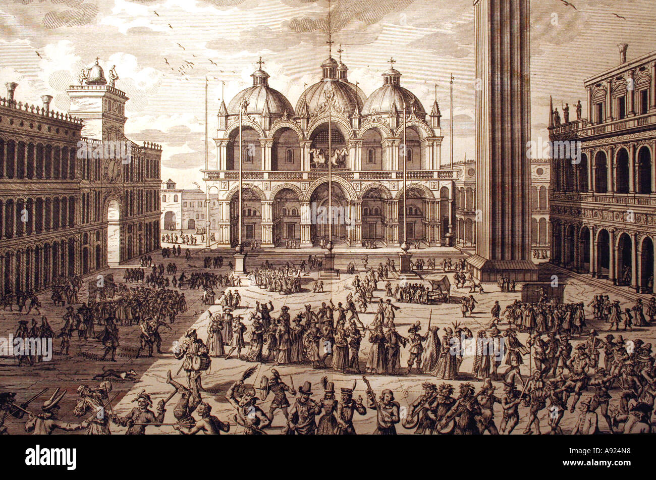 Blick auf den Markusplatz in Venedig (vom frühen 18. Jahrhundert niederländische Gravur) Stockfoto