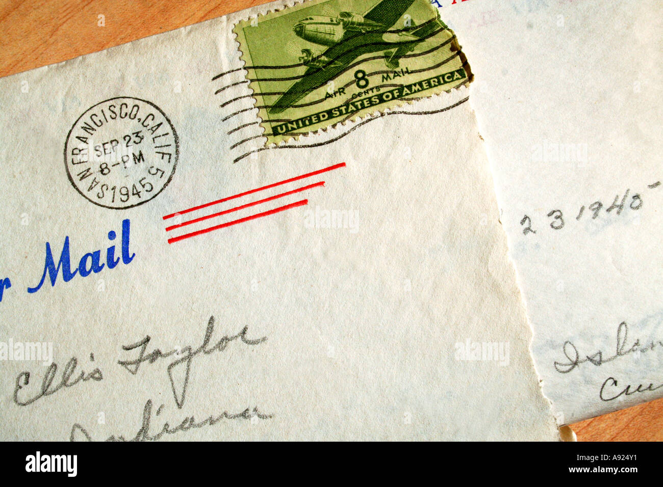 Krieg-Brief mit Luft Post Stempel und Adresse, 1945 Stockfoto
