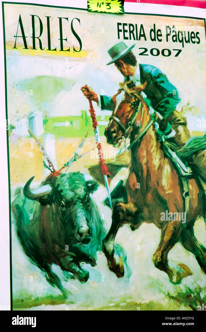 Arles France, Feria 'Bullfighting Festival' Corrida Vintage French Werbung Plakate zum Verkauf Reisen Business Art Traditional Sport, vintage French Stockfoto