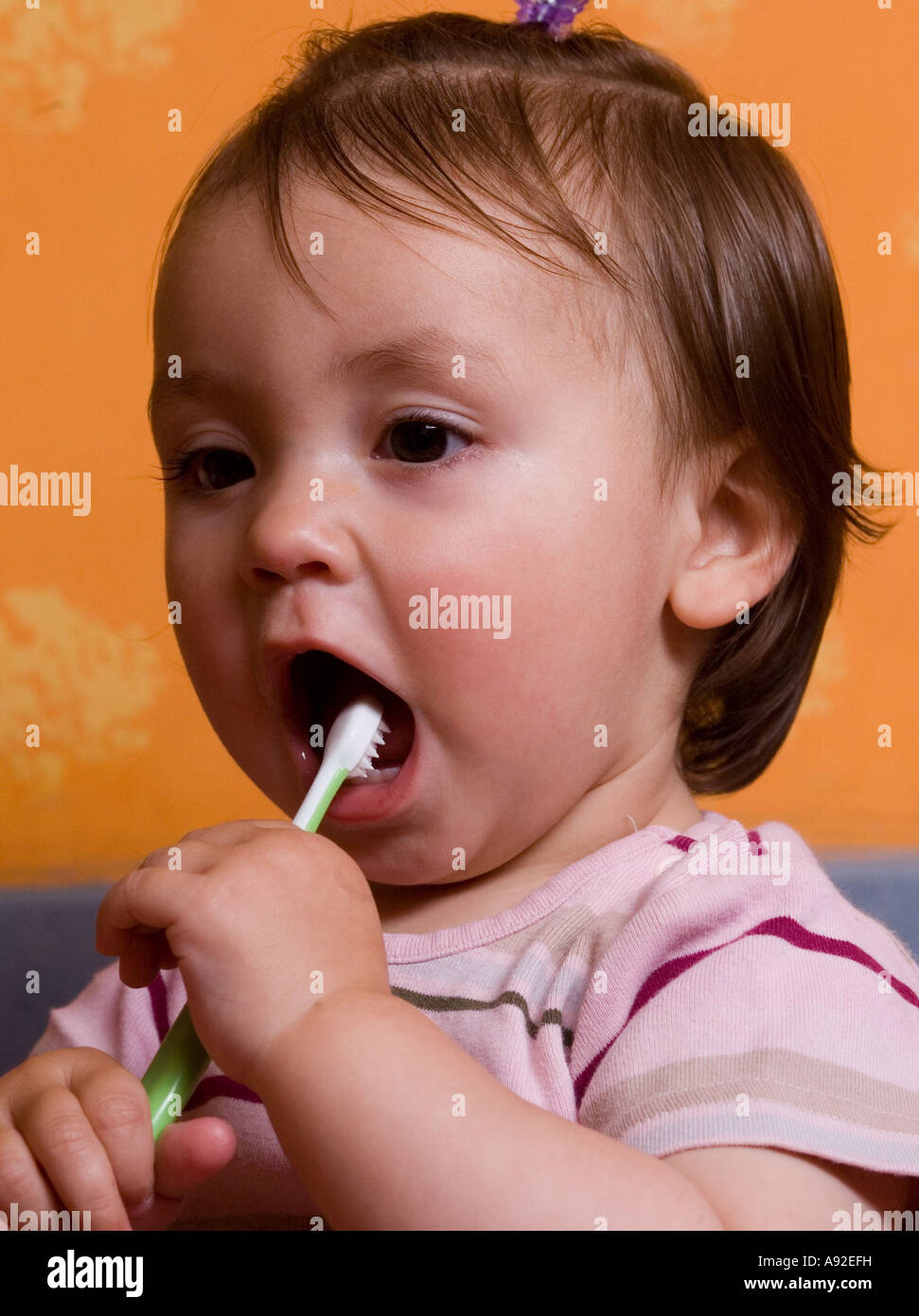 Ein Jahr altes Mädchen Bürsten ihre Milchzähne Stockfoto