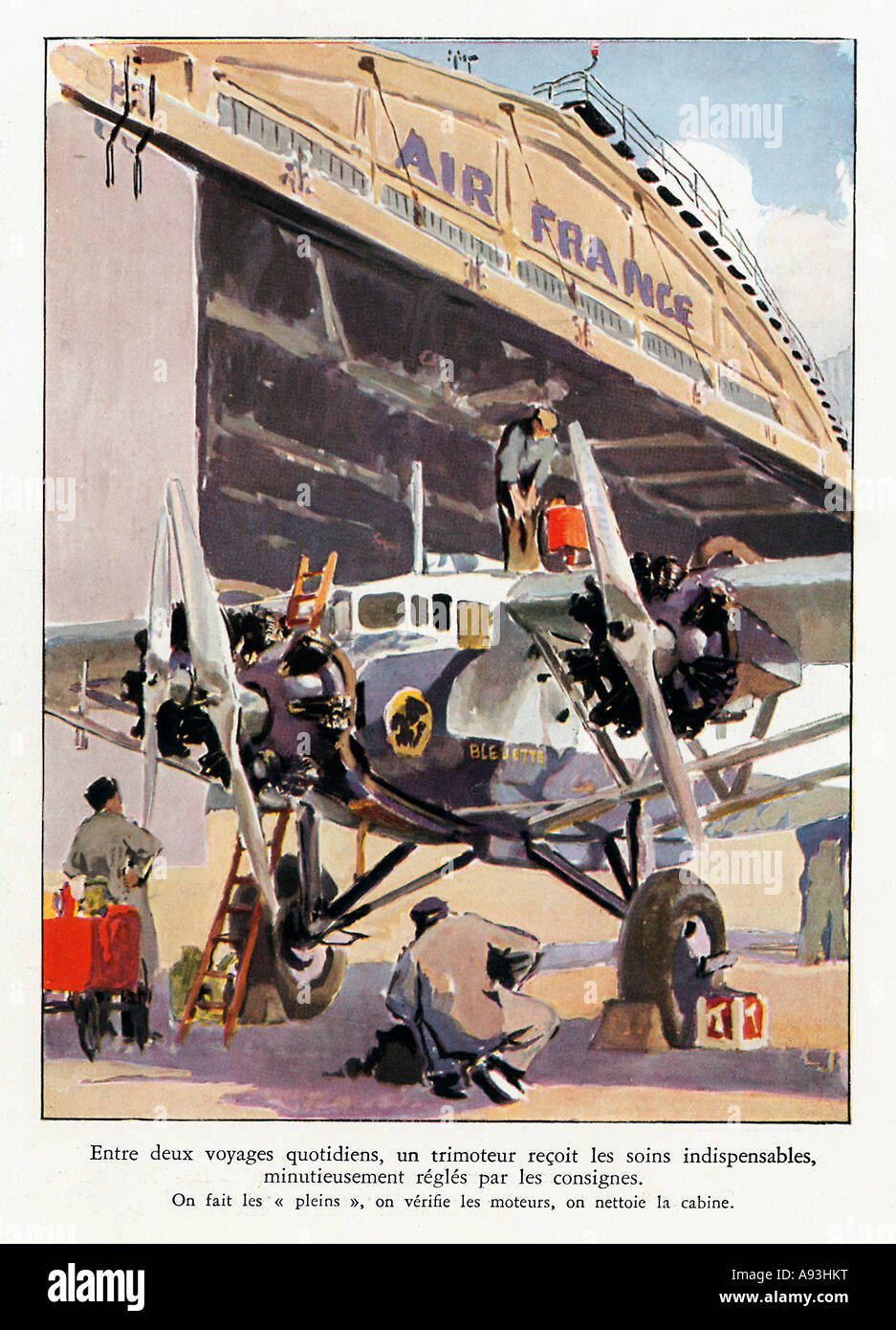 Luft Frankreich Farman Wartung 1934 französische Zeitschrift Abbildung des Flugzeugs wird aufgefüllt, überprüft und gereinigt Stockfoto