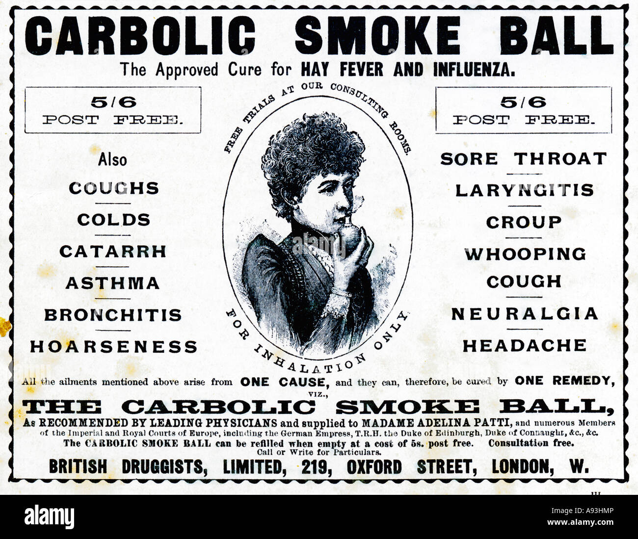 Karbol Rauch Ball 1894 Werbung für das Patent Medizin berühmt für den Fall von Carlill im Jahr 1892 gegen die Firma Stockfoto