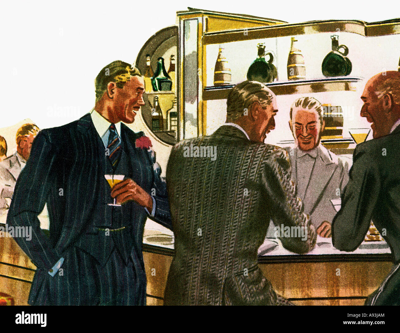 Bar reden 1935 amerikanische Mode-Illustration von makellos gekleideten Herren versammelten sich an der Bar für cocktails Stockfoto
