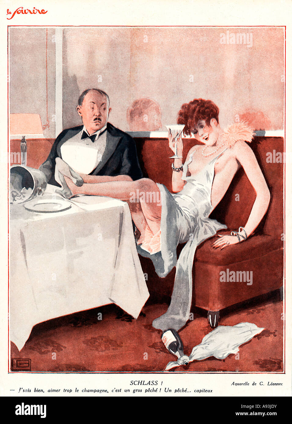 Schlass 1929 französische Abbildung der Zulassung ihrer sündigen Vorliebe für Champagner Dame sieht er etwas düster Stockfoto