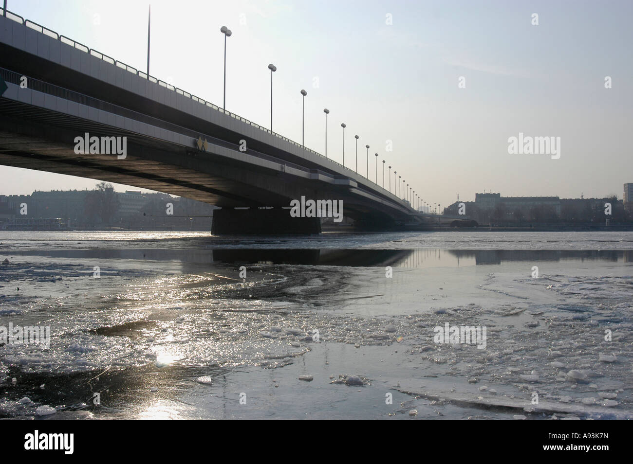 Donau mit der Reichsbrücke zugefroren Stockfoto