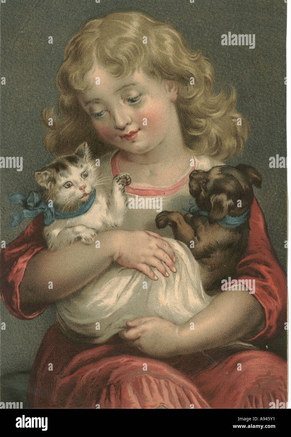 Kind mit Haustieren um 1880 Stockfoto