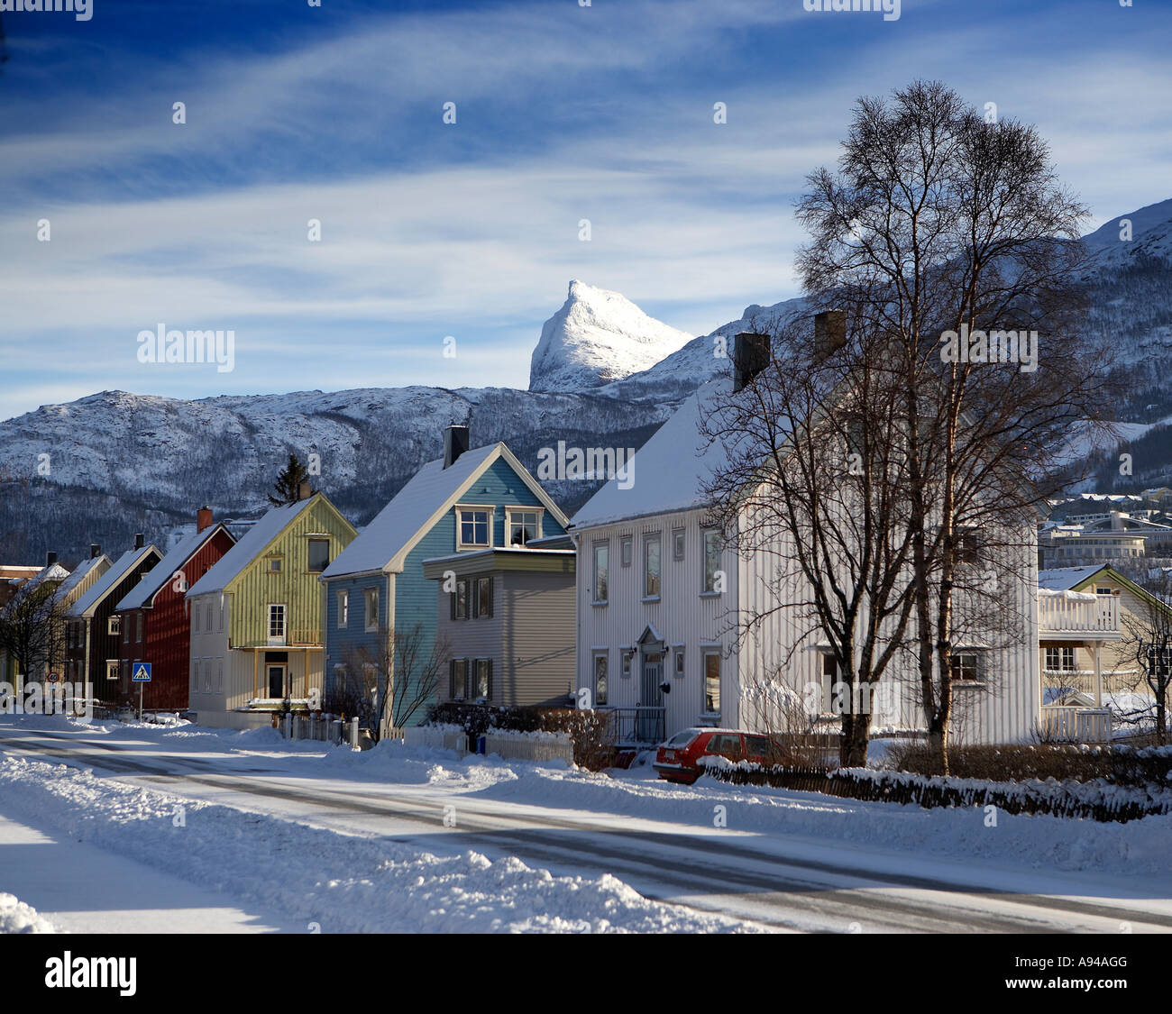 Häuser, Winter, Narvik, Lappland, Norwegen Stockfoto