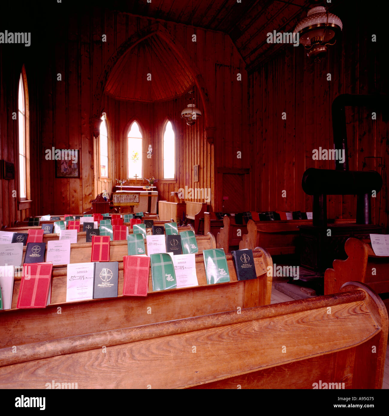 Barkerville, BC, Britisch-Kolumbien, Kanada - innere St Saviour anglikanische Kirche in Gold Rush Altstadt, Cariboo Region Stockfoto
