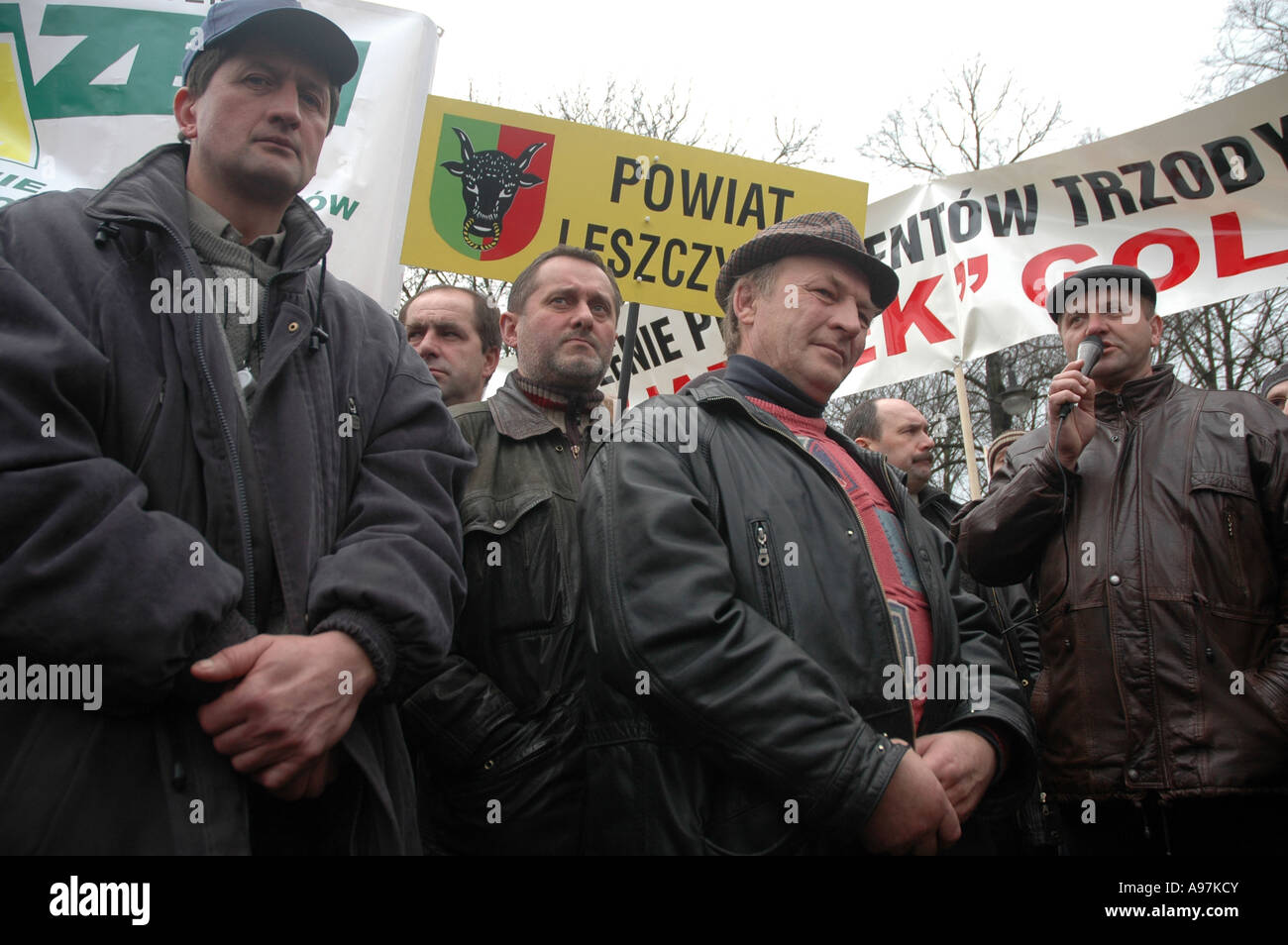 Bauern-Demonstration gegen die Regierungspolitik und ehemalige polnische Landwirtschaftsminister Andrzej Lepper. Warschau, Polen. Stockfoto