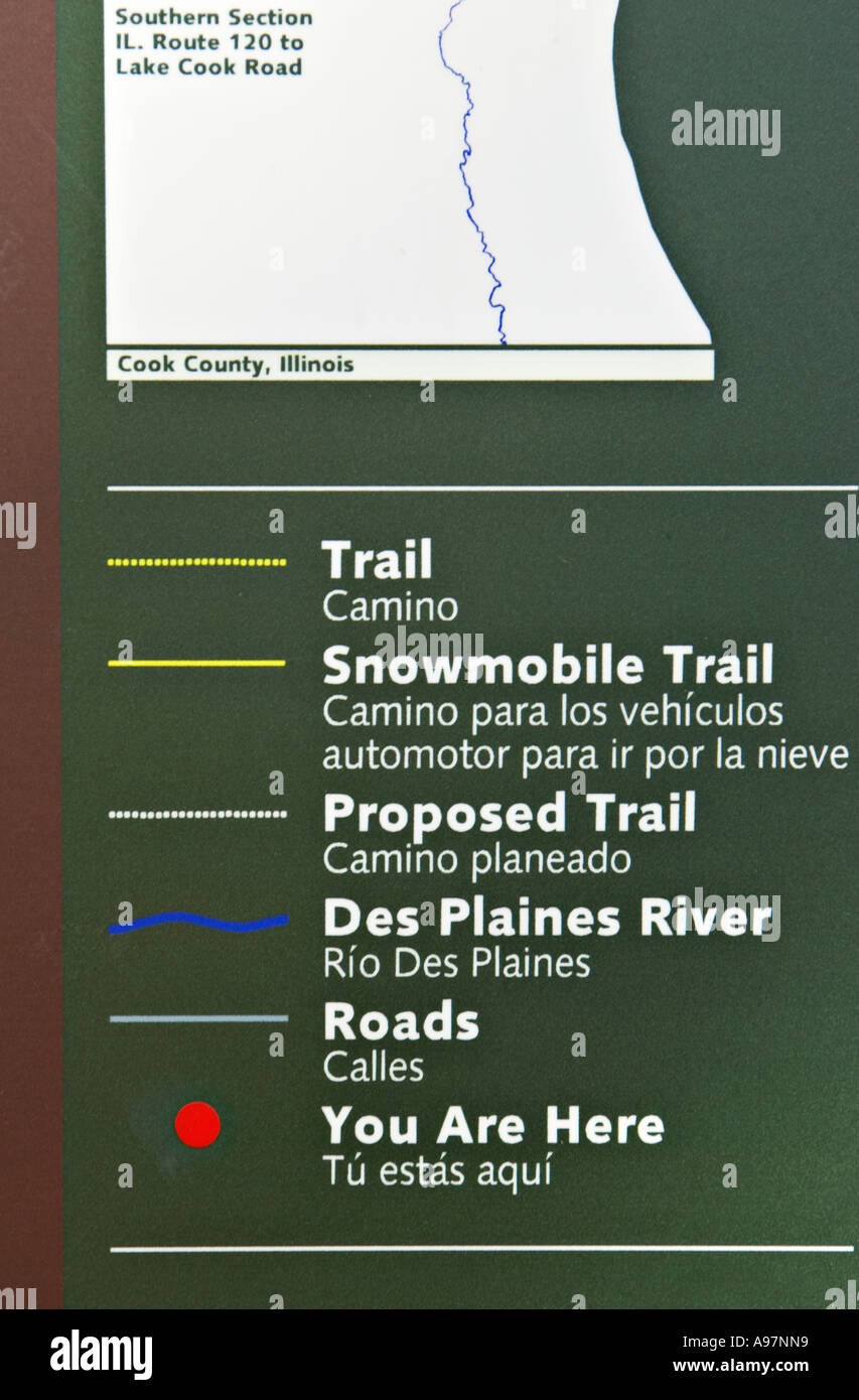 ILLINOIS Wright Wald Wald bewahren zweisprachige Trail Karte Zeichen Spanisch und Englisch Stockfoto