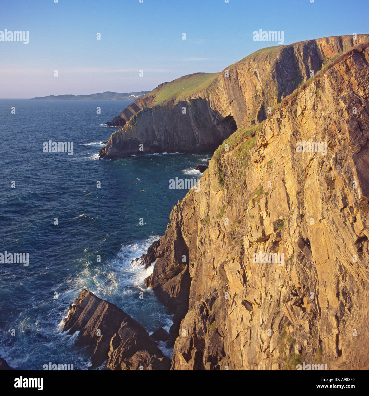 Küsten Blick nördlich von senkrechten Felswänden der Baggy Punkt mit Morthoe Punkt in der Ferne an der nördlichen Küste von Devon England Stockfoto