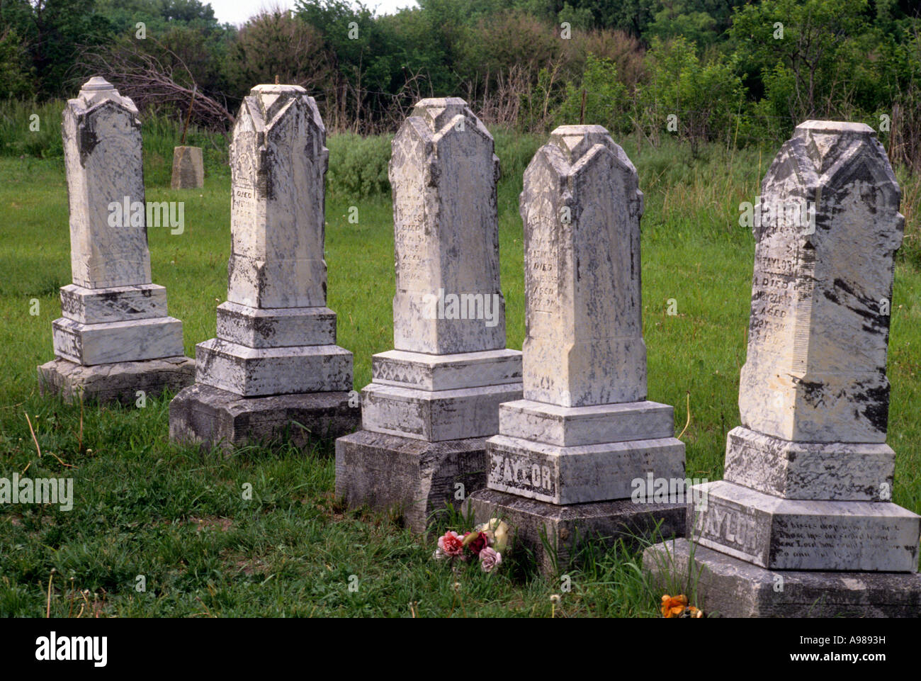 GRABSTEINE AUF FRIEDHOF VON SPRING RANCH, A GHOST TOWN ENTLANG DER OREGON TRAIL, S.E. NEBRASKA. SOMMER. Stockfoto