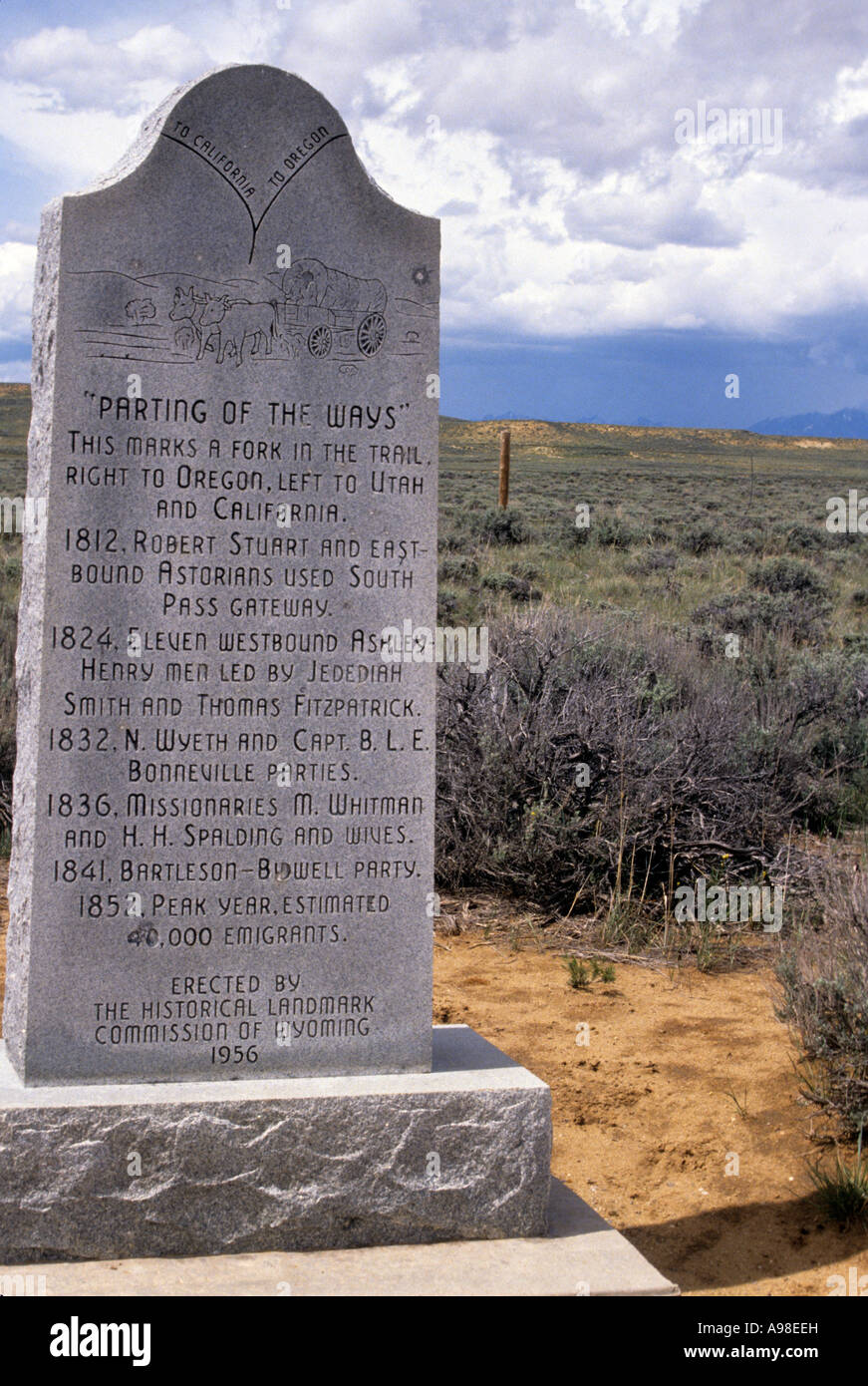 AUSWANDERER AUF DEM OREGON TRAIL GEMACHT HIER EINE WICHTIGE ENTSCHEIDUNG. AUTOBAHN 28, WYOMING. Stockfoto