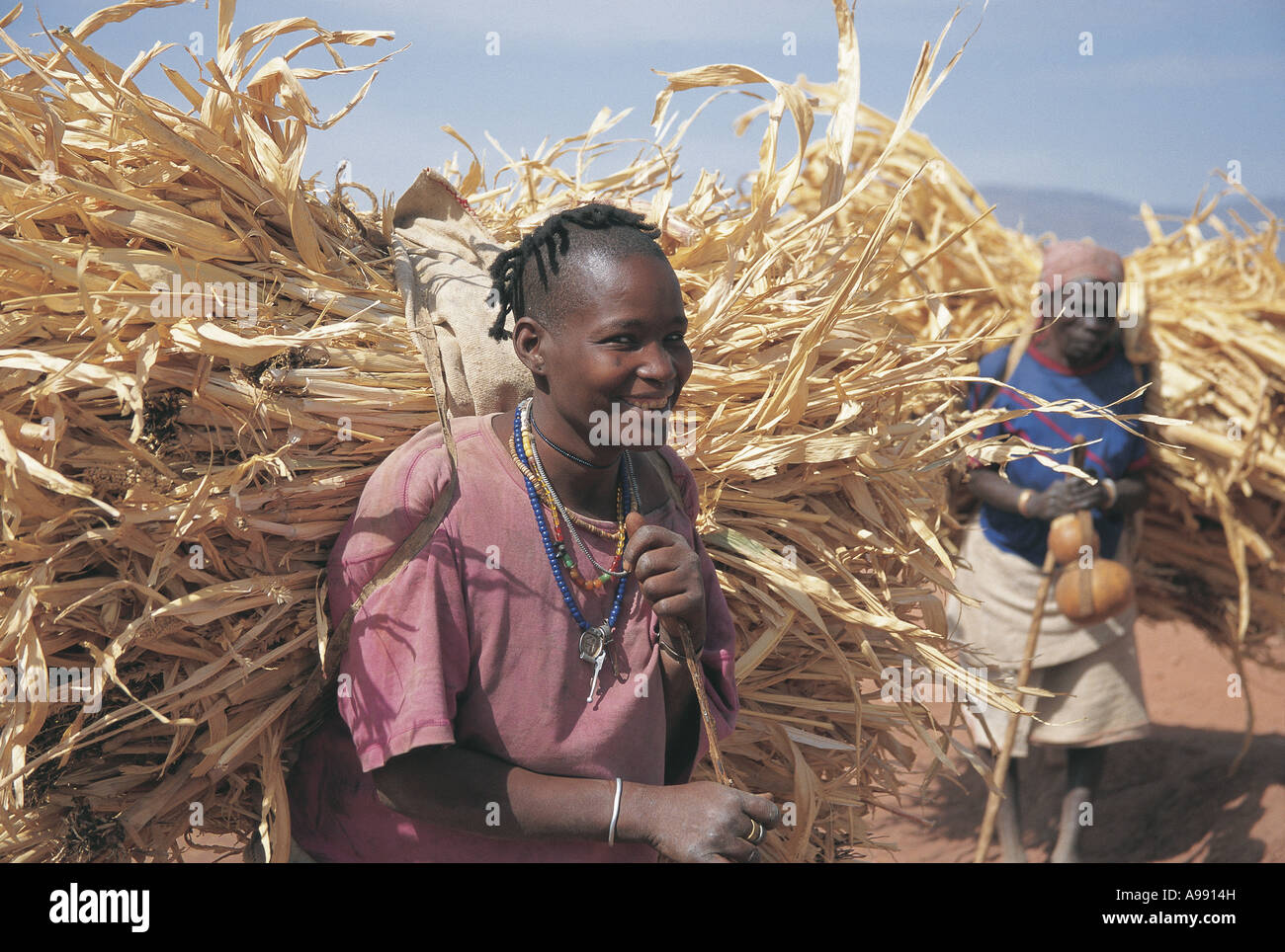 Bäuerinnen tragen schwere Lasten von Mais Stiele in Richtung Konso-Äthiopien Stockfoto