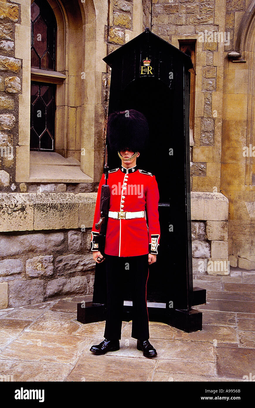 Ein Mitglied der Grenadier Guards steht Wache in seinen traditionellen roten Tunika und Bärenfell Hut Stockfoto